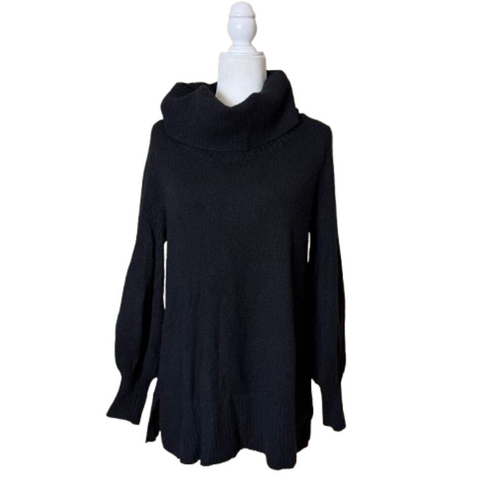 ANTHROPOLOGIE Cowl Neck Balloon Sleeve Soft Knit Black Sweater Size Small